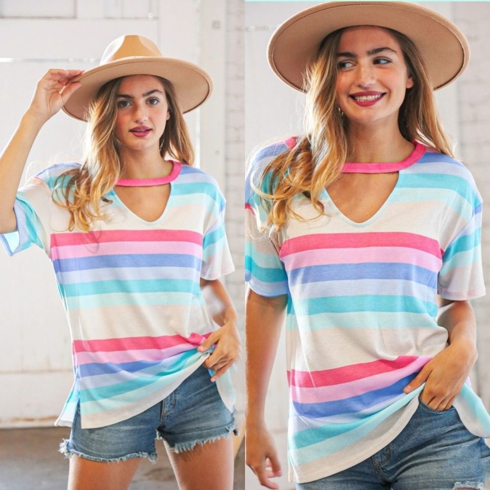 Fuchsia Blue Multi Color Stripe Key Hole Top